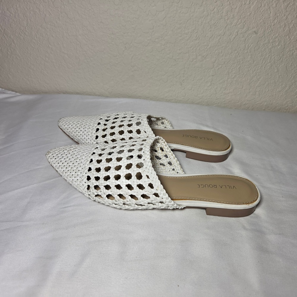Villa Rouge Womens White Woven Pointed Toe Mules Braided Lattice Flats Size 7.5